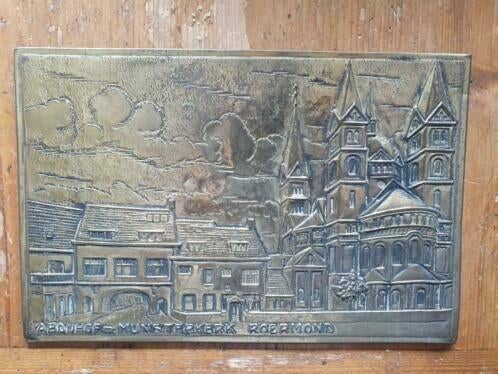 koperen plaat latoen Abdijhof Munsterkerk Roermond, Antiek en Kunst, Ophalen, Koper