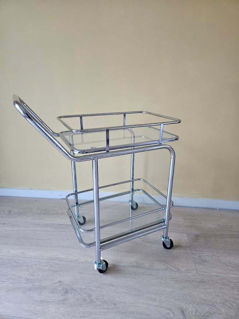 Retro Design Serveerwagen | Chroom & Glas | Jaren '70/'80, Ophalen, 55 tot 75 cm, Glas, 60 cm of meer