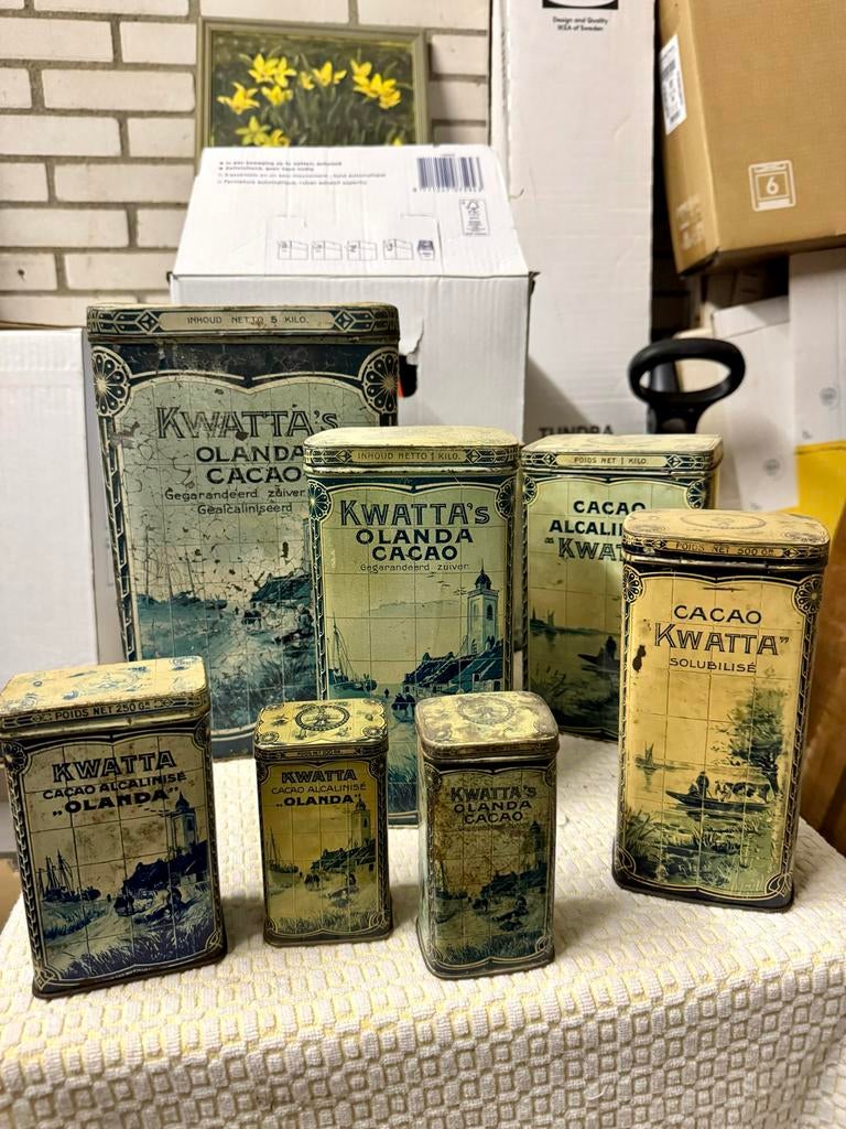 Blikken Kwatta cacao set 8, Verzamelen, Blikken, Ophalen, Gebruikt, Overige, Overige merken