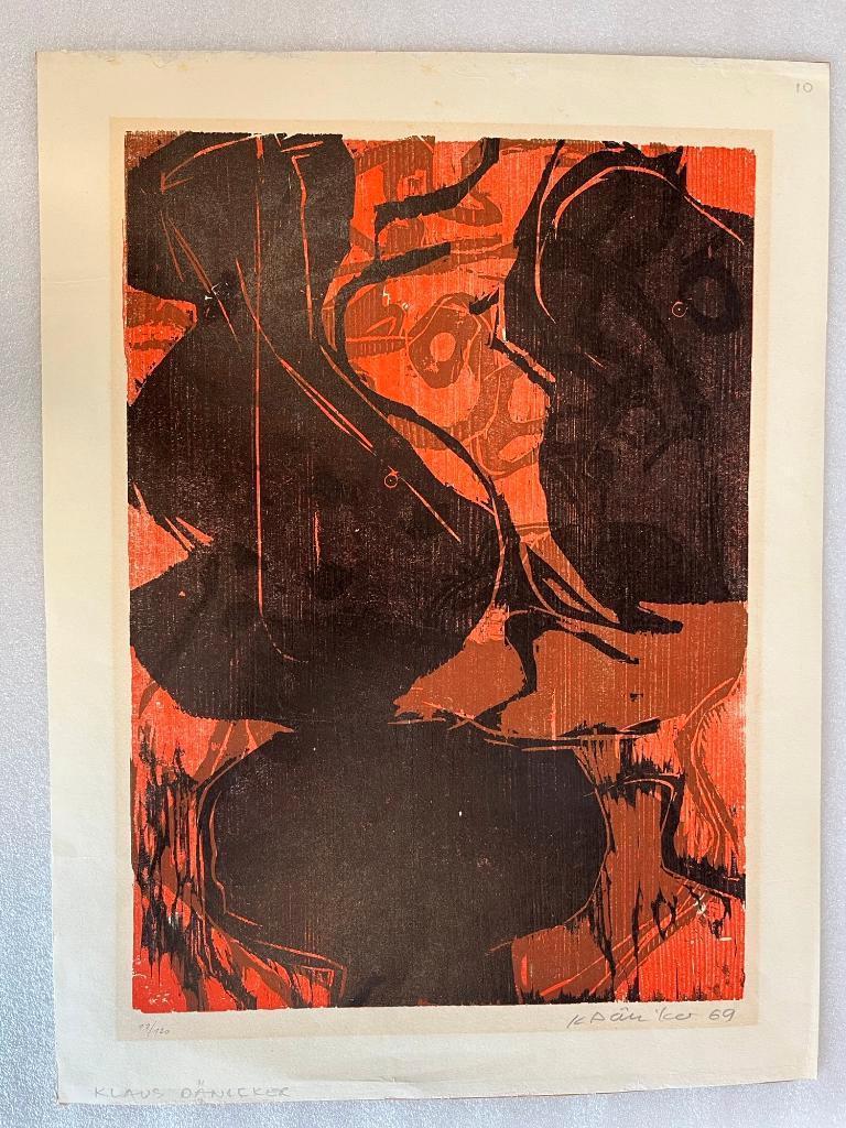 gesigneerde gekleurde linosnede Klaus Däniker 1969, Verzenden