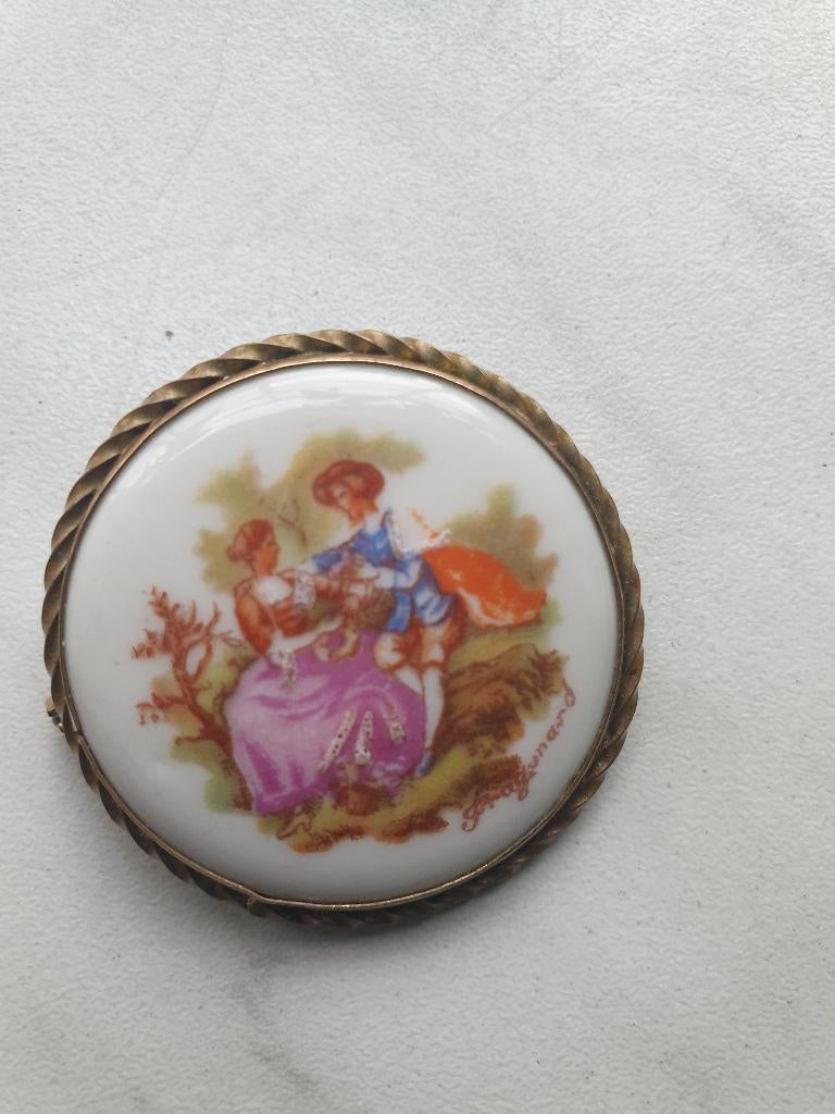 Oud porseleinen broche Limoges France, Sieraden, Tassen en Uiterlijk, Broches, Overige materialen, Overige kleuren, Minder dan 4 cm