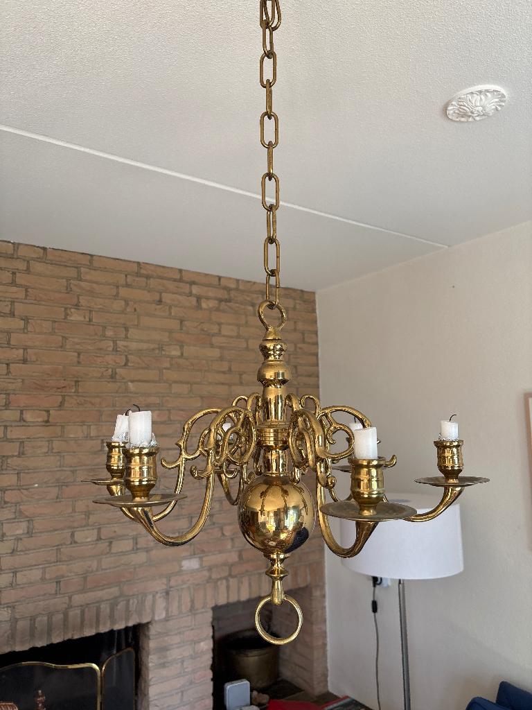Klassieke kroonluchter koper met 6 armen, Huis en Inrichting, Lampen | Kroonluchters, Ophalen, Gebruikt, Overige materialen, Oud Hollands