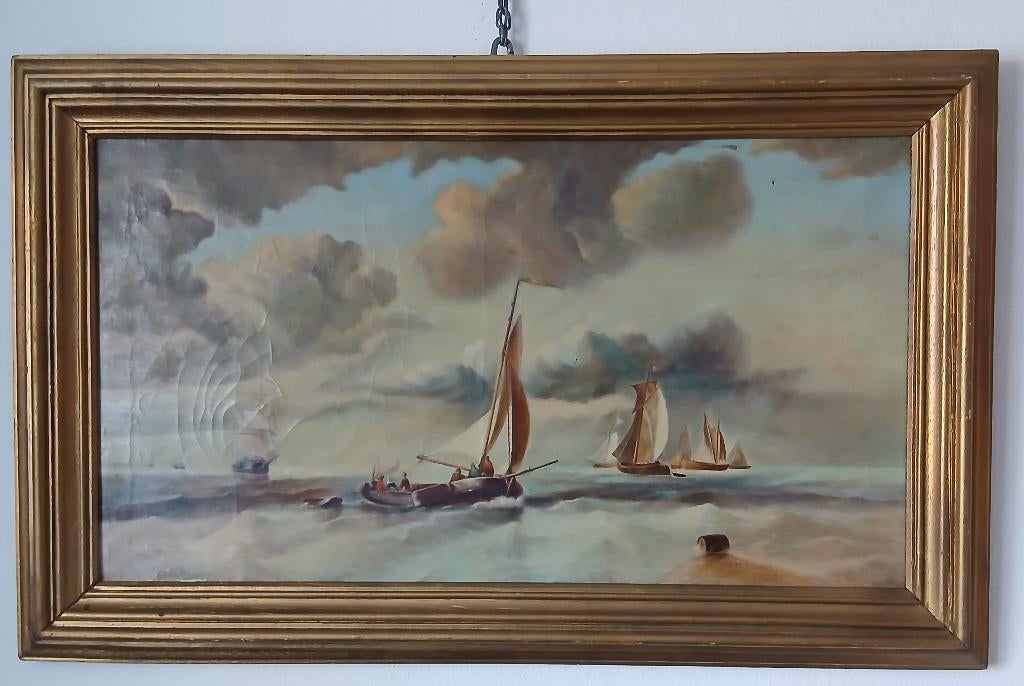 Oud Maritiem schilderij van Botters op zee, Ophalen