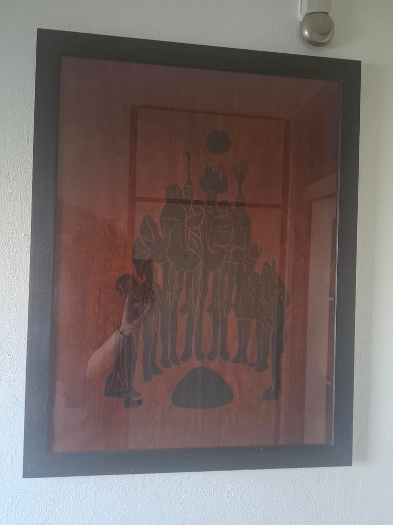 Ingelijst kunstwerk met figuren, Antiek en Kunst, Ophalen of Verzenden