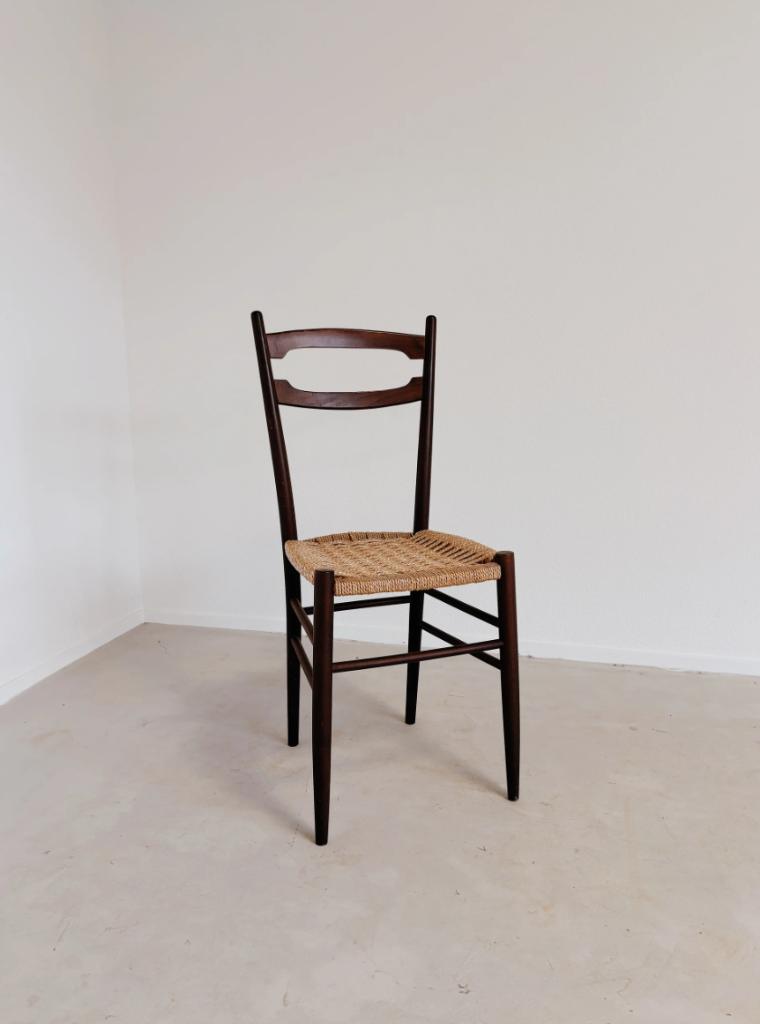 VINTAGE HOUTEN STOEL MET GEWEVEN ZITTING | GIO PONTI STIJL, Ophalen, -, Zo goed als nieuw, Hout