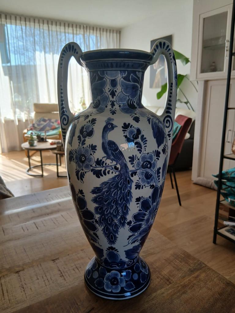 Echt delfs blauwe vaas met pauw, Antiek en Kunst, Ophalen