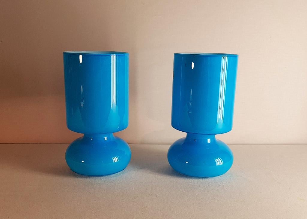 Twee blauwe tafellampen - Ikea, Huis en Inrichting, Ophalen of Verzenden, Minder dan 50 cm, Retro Mushroom, Glas
