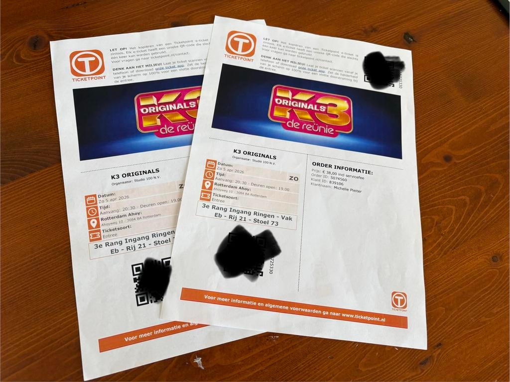 2x k3 originals tickets. 5-4-26 avondshow, Twee personen, Overige soorten, Overige typen