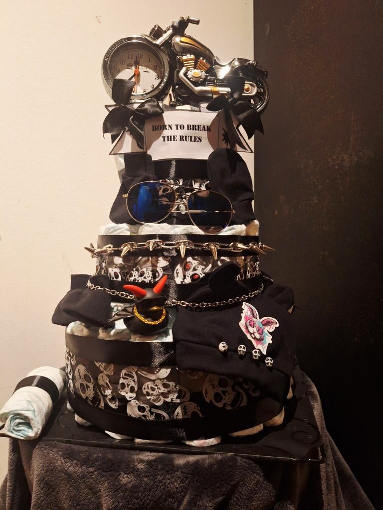 Stoere skull Biker Luiertaart – 65 Pampers  Babyshower black, Ophalen of Verzenden, Nieuw