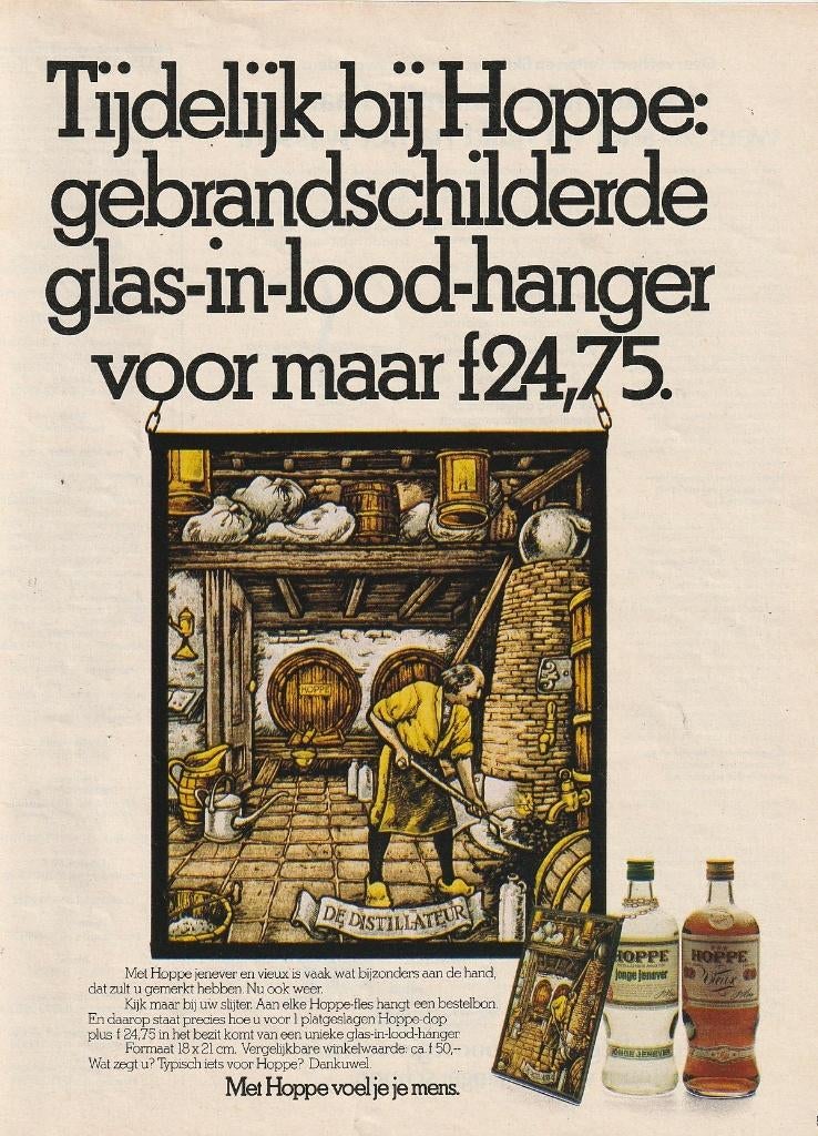 retro reclame 1977 Hoppe jenever & vieux glas-in-lood hanger, Verzenden, Overige typen