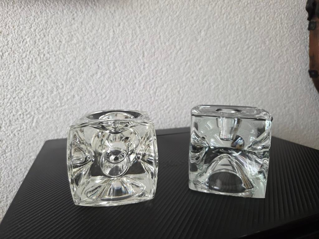 Twee glazen kandelaars, Ice cube kandelaars, Overige materialen, Ophalen of Verzenden, Zo goed als nieuw, Kandelaar