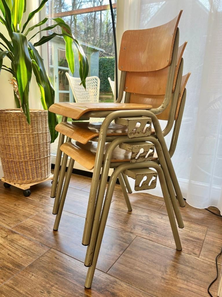 Schoolstoelen (vintage, gebruikt, 6 stuks), Ophalen, Gebruikt, Bruin, Vintage