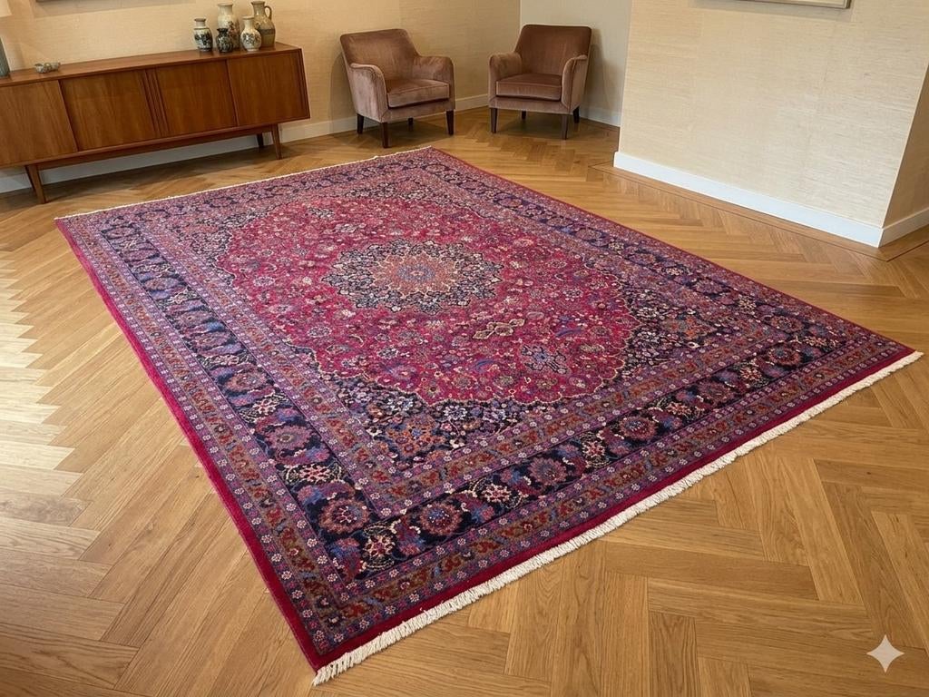 Handgeknoopt perzisch tapijt mashad 407x308, Info@SlatsAntiek.nl, Crème, Perzisch, Vof Slats Antiek