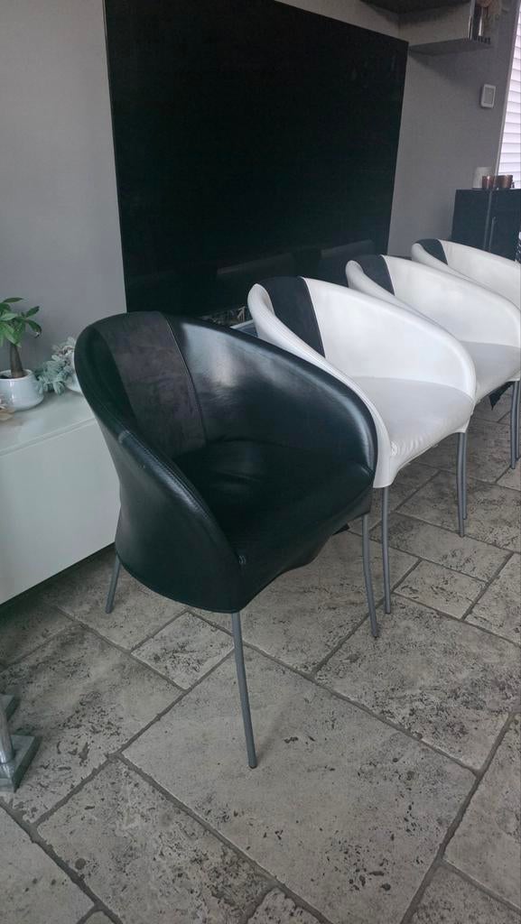 6 eetkamerstoelen zwart / wit leer met stof gebruikt, Ophalen, Gebruikt, Zwart, Modern