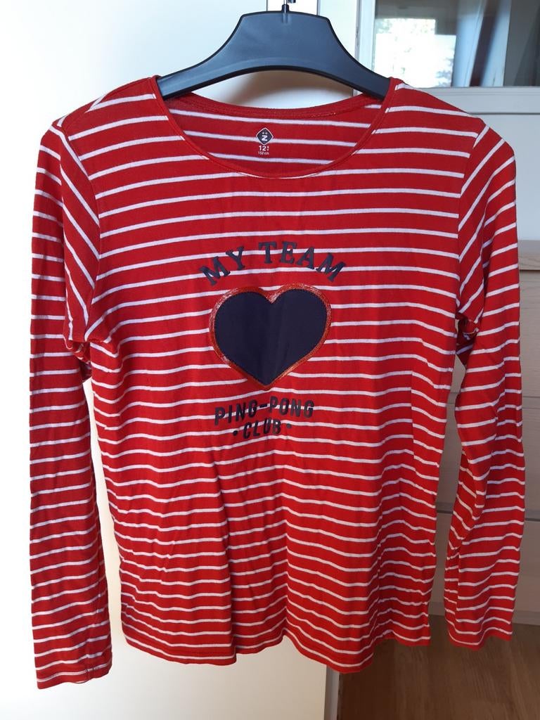 maat 152  Rood - wit gestreept shirt "Ping - Pong Club", Kinderen en Baby's, Ophalen of Verzenden, Zo goed als nieuw, Meisje, Shirt of Longsleeve