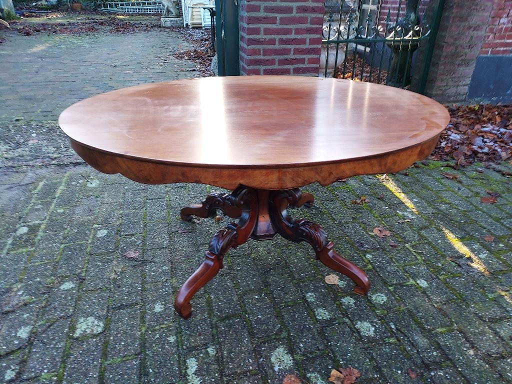 Biedermeier mahonie salontafel, ovaal met vierspant., Ophalen