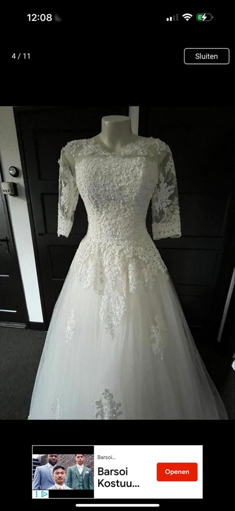 Witte trouwjurk met kant en driekwart mouwen, Kleding | Dames, Trouwkleding en Trouwaccessoires, Ophalen of Verzenden, Gedragen