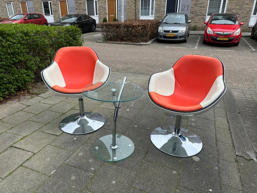 Twee vintage salonstoelen met glazen tafeltje, Huis en Inrichting, Stoelen, Kunststof, Gebruikt, Twee, Overige kleuren