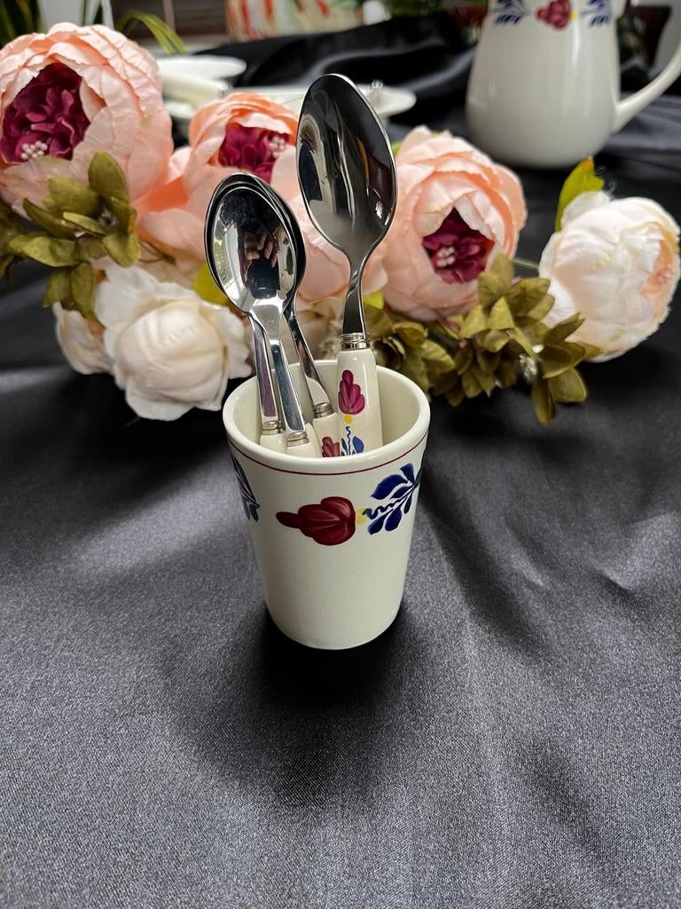 5 lepels en lepelvaasje Boch Boerenbont, Ophalen of Verzenden, Gebruikt, Overige materialen, Los bestek