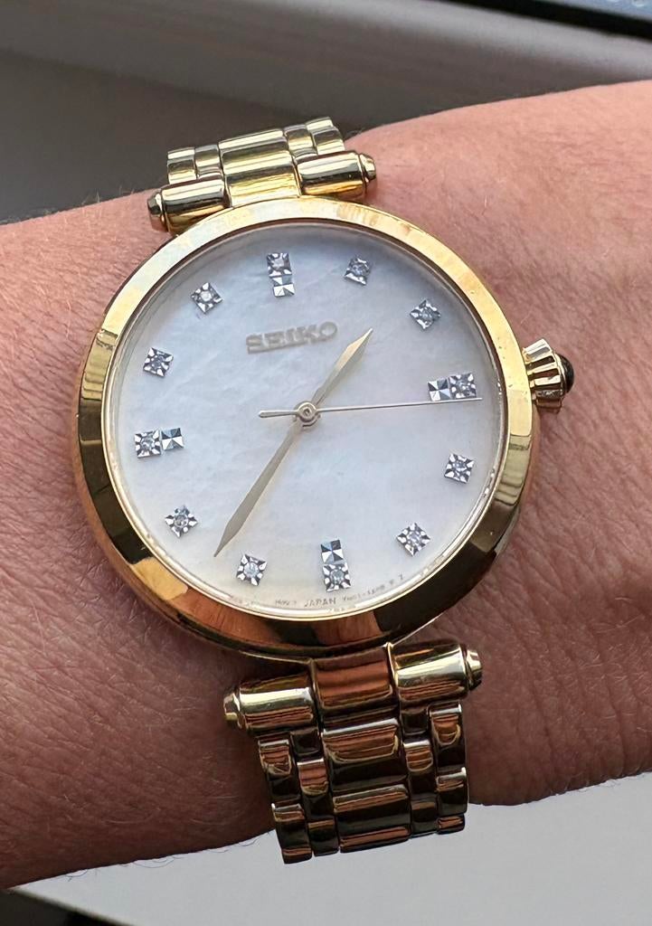 Seiko horloge met diamanten op parelmoer wijzerplaat, Ophalen of Verzenden, Zo goed als nieuw, Staal, Seiko