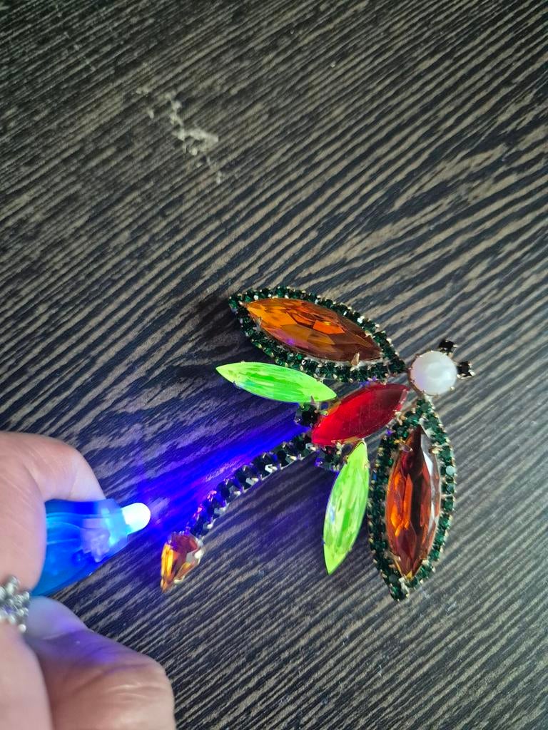 Vintage Handgemaakte Uranium Broche Libelle, Met kristal, Overige materialen, 4 tot 7 cm, Gebruikt