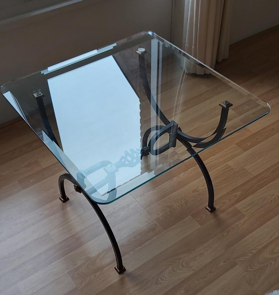 Bijzettafel met facetgeslepen glasplaat en smeedijzeren poot, Ophalen