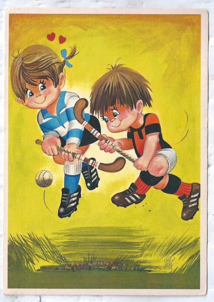 ansichtkaart, Hockey spelende kinderen, kinderpostzegels?, Verzenden, 1940 tot 1960, Ongelopen, Sport en Spel