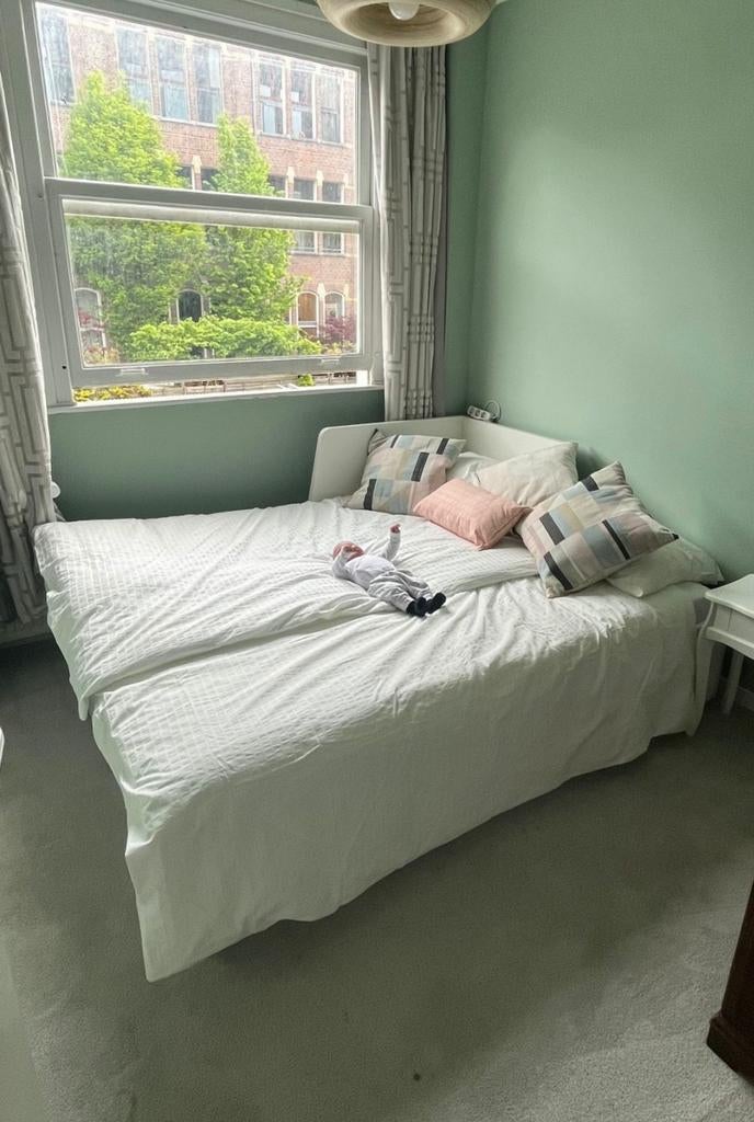 Uitschuifbed/trundle bed (Ikea flekke daybed model), Huis en Inrichting, Slaapkamer | Bedden, Ophalen, Tweepersoons, Wit, Hout