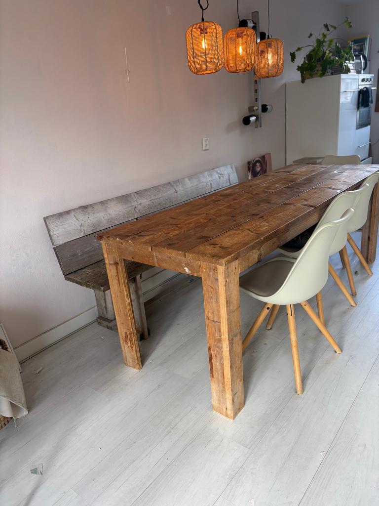 Stoere  steigerhouten eettafel 220cm (evt met eettafelbank), Huis en Inrichting, Tafels | Eettafels, Ophalen, 200 cm of meer, 50 tot 100 cm