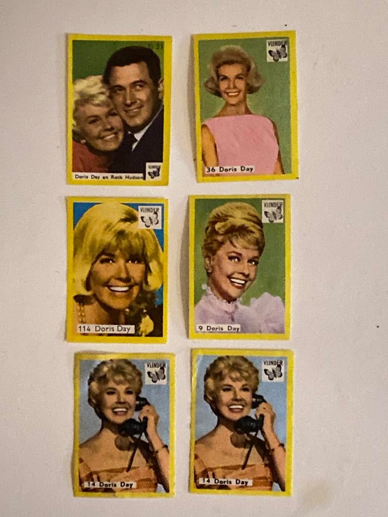 Doris Day Vlinderplaatjes - Set van 6 lucifers etiketten, Verzamelen, Ophalen of Verzenden, Gebruikt, Gebruiksvoorwerp