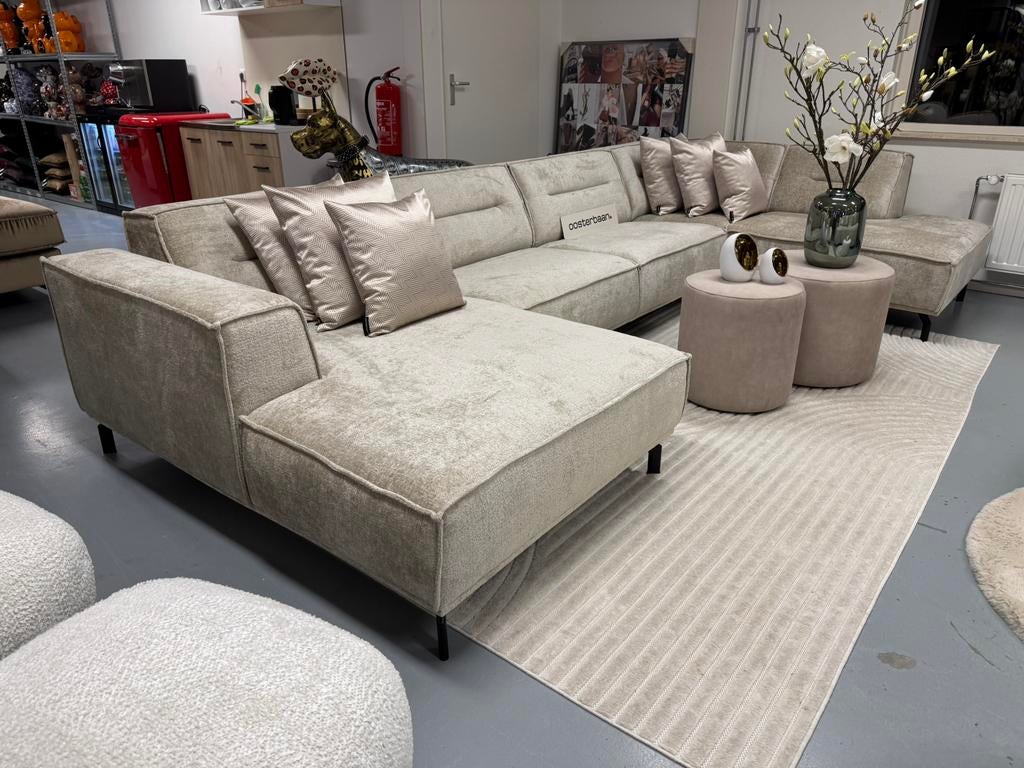 Luxe Velvet Teddy U-bank Lotte 160x385x200cm Beige Sand NEW, Oosterbaan, Info@oosterbaanwonen.nl, Venus 31 8448CE Heerenveen, Hoekbank