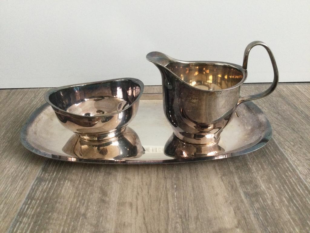 Verzilverd driedelig roomstel, Antiek en Kunst, Antiek | Goud en Zilver, Ophalen of Verzenden, Zilver