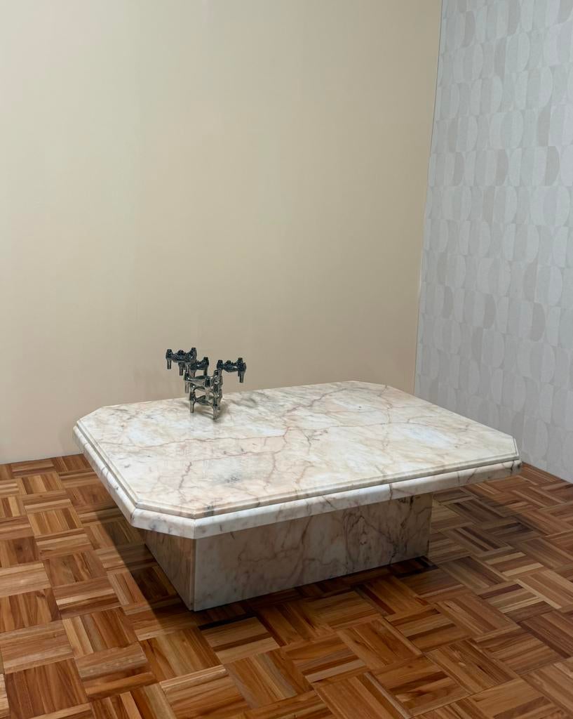 Vintage marmeren salontafel roze carrera marmer onyx, Overige materialen, 100 tot 150 cm, Vintage, 50 tot 100 cm