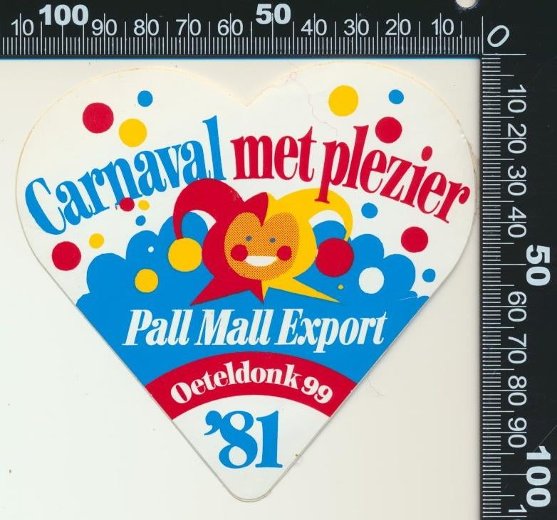 Sticker: Pall Mall - Carnaval met plezier 1981 - Oeteldonk, Verzamelen, Verzenden, Zo goed als nieuw, Bedrijf of Vereniging