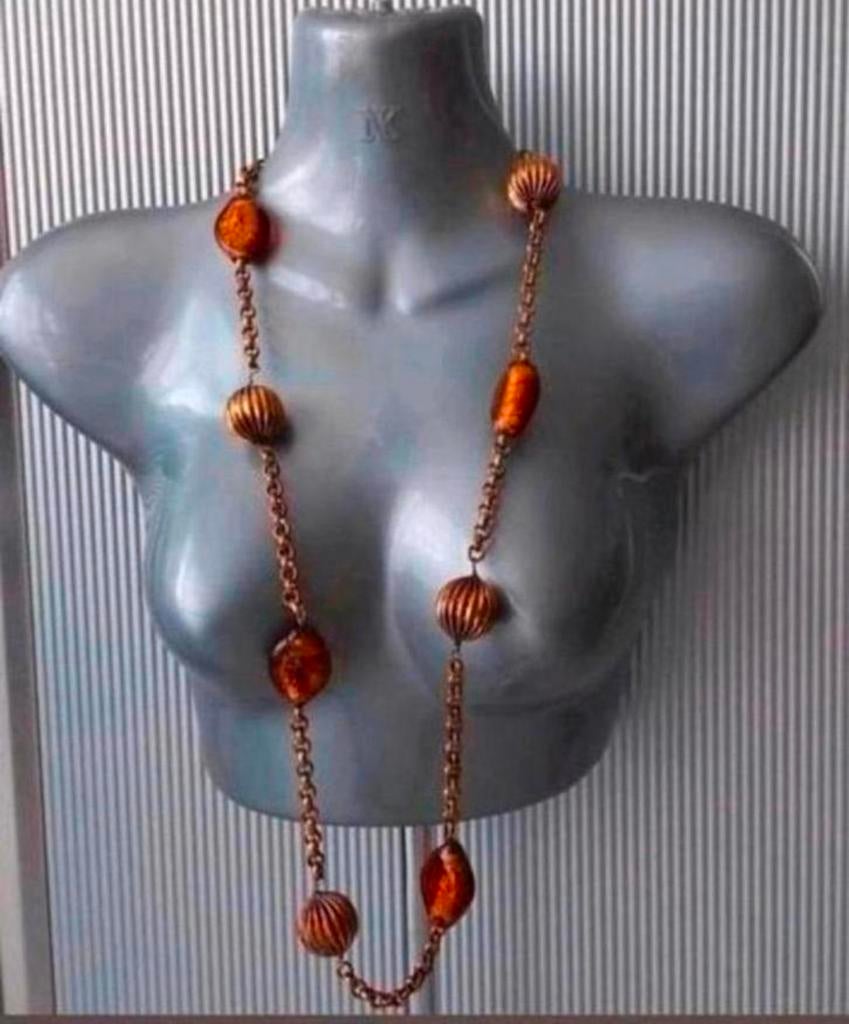 Manouk - ketting met koperen bollen + glaskralen, Overige materialen, Verstelbaar, Bruin, Verzenden