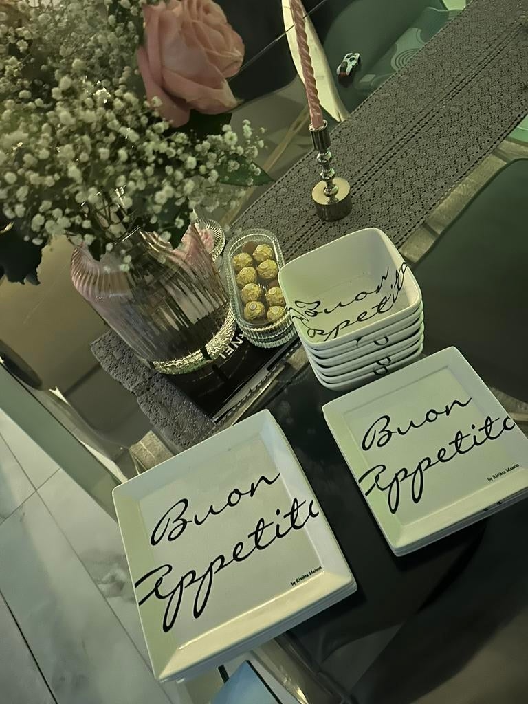 Riviera maison buon appetito bordenset, Huis en Inrichting, Keuken | Servies, Zo goed als nieuw, Bord(en), Overige stijlen, Glas