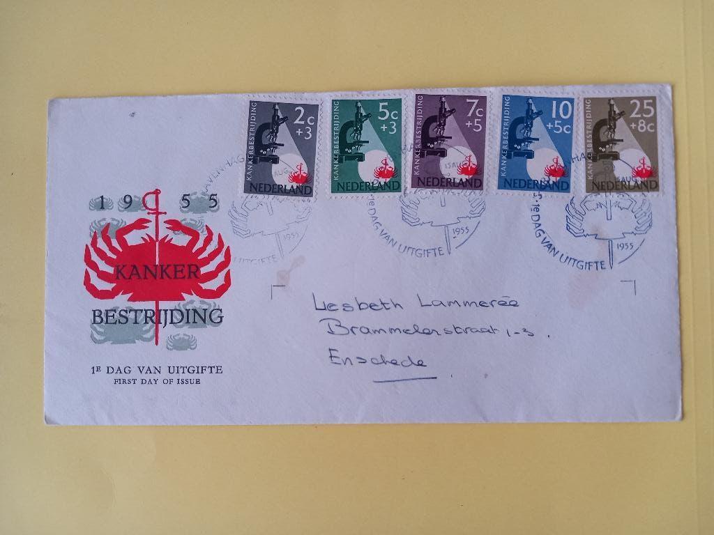 1955 Kankerbestrijding FDC E23 met gesloten klep e2, Verzenden, Beschreven, Nederland