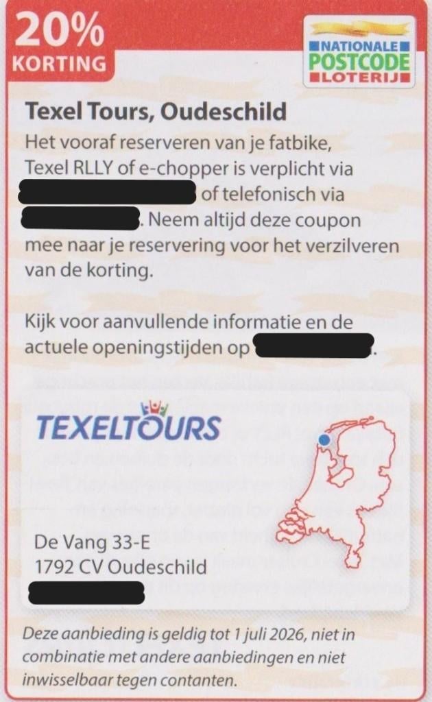 Texel Tours, Oudeschild. 20% korting. Postcodeloterij bon., Drie personen of meer, Kortingsbon, Overige typen