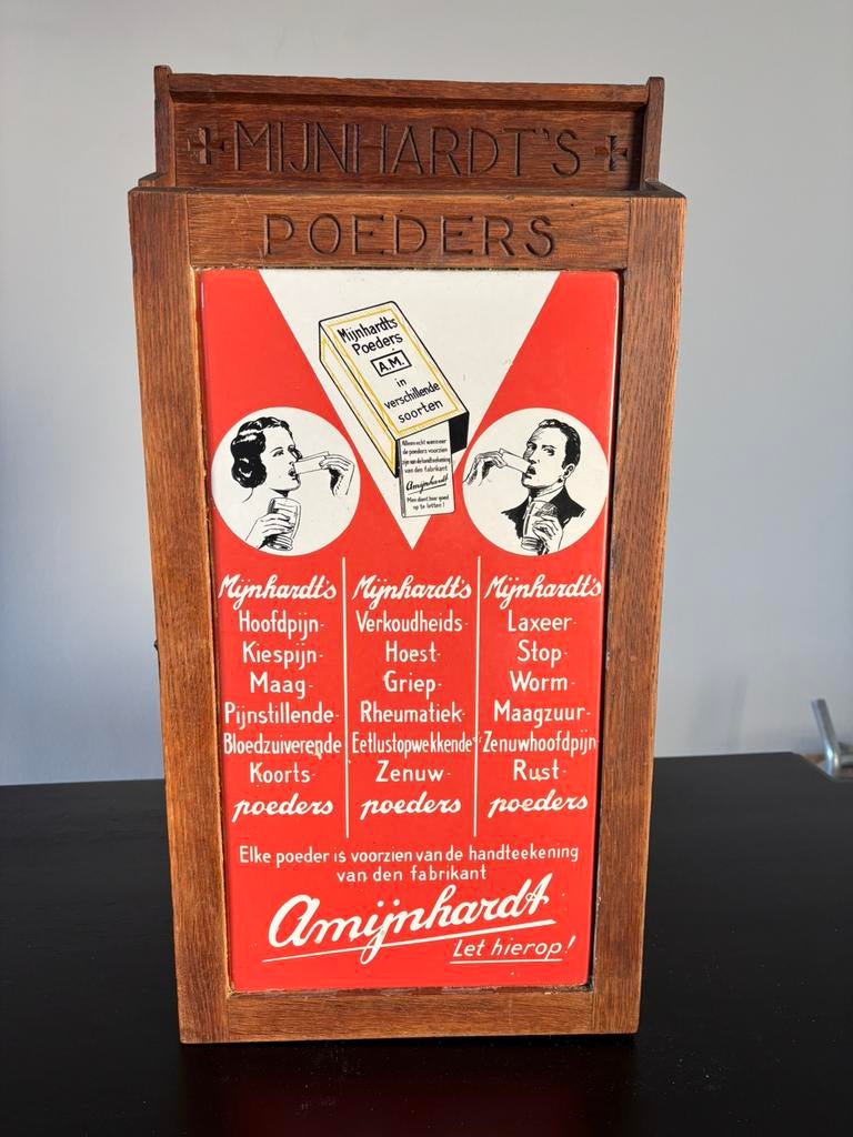 Prachtig oud Mijnhardt medicijnkastje met emaille plaat, Verzamelen, Ophalen of Verzenden, Zo goed als nieuw, Reclamebord