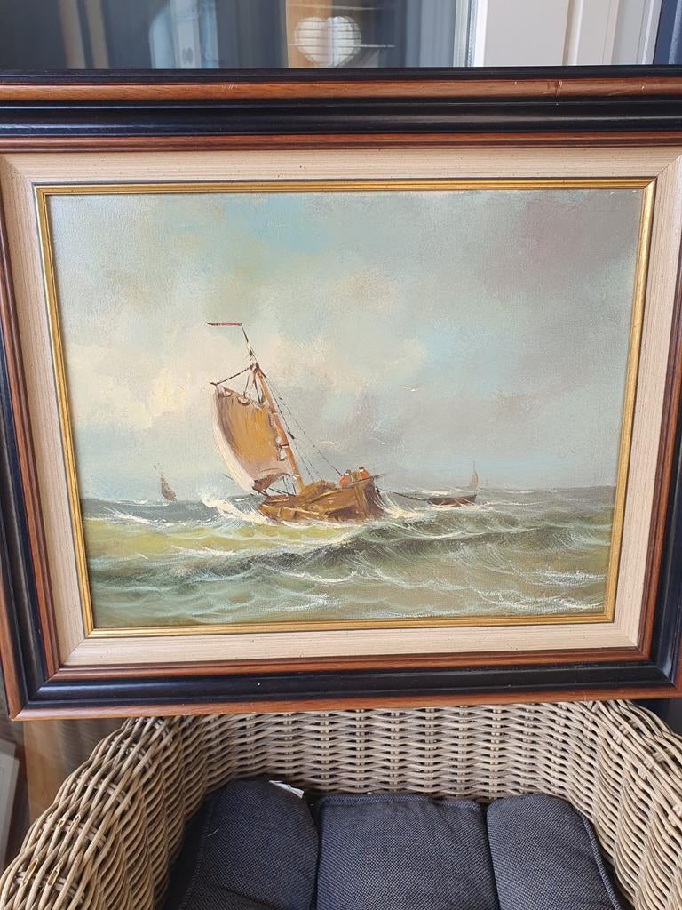 Schilderij met zeilschip op woelige zee peter brouwer, Ophalen of Verzenden
