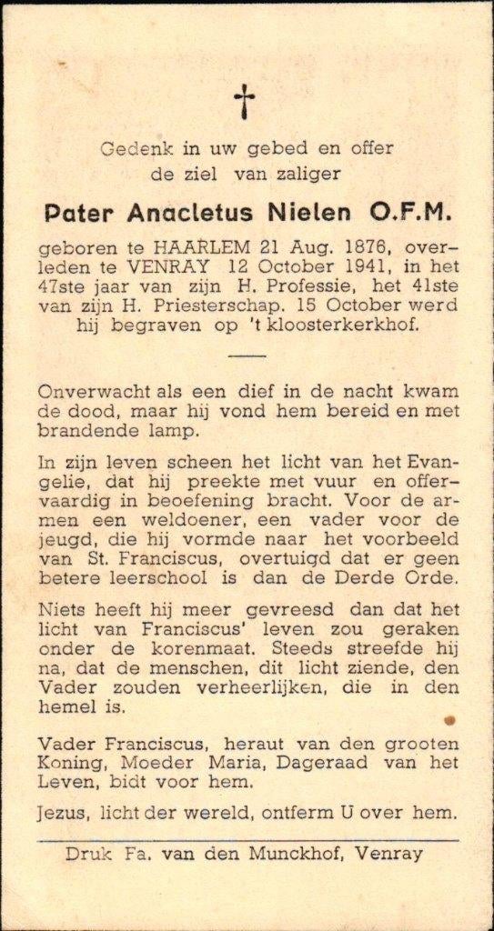 Nielen Anacletus (pater O.F.M.) Haarlem 1876-1941 Venray, Verzamelen, Bidprentjes en Rouwkaarten, Ophalen of Verzenden
