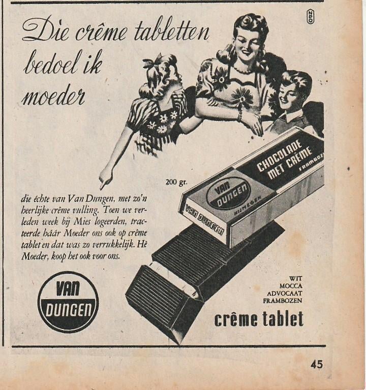 Retro reclame 1948 Van Dungen chocola jongetje meisje moeder, Verzamelen, Verzenden, Overige typen