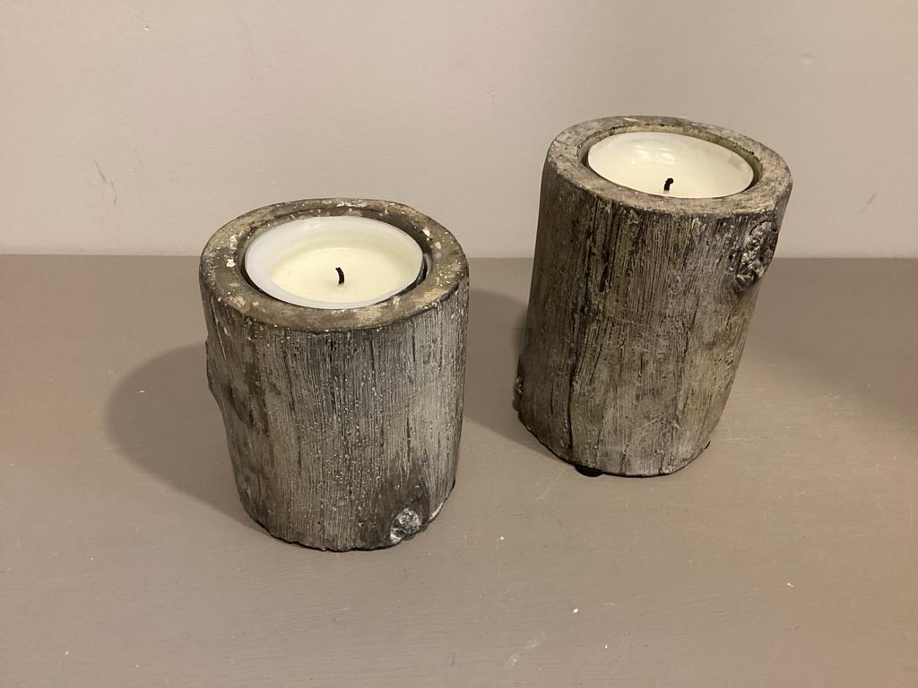 Boomstam look waxinelichthouders voor grote waxinelichtjes, Overige materialen, Bruin, Ophalen of Verzenden, Zo goed als nieuw