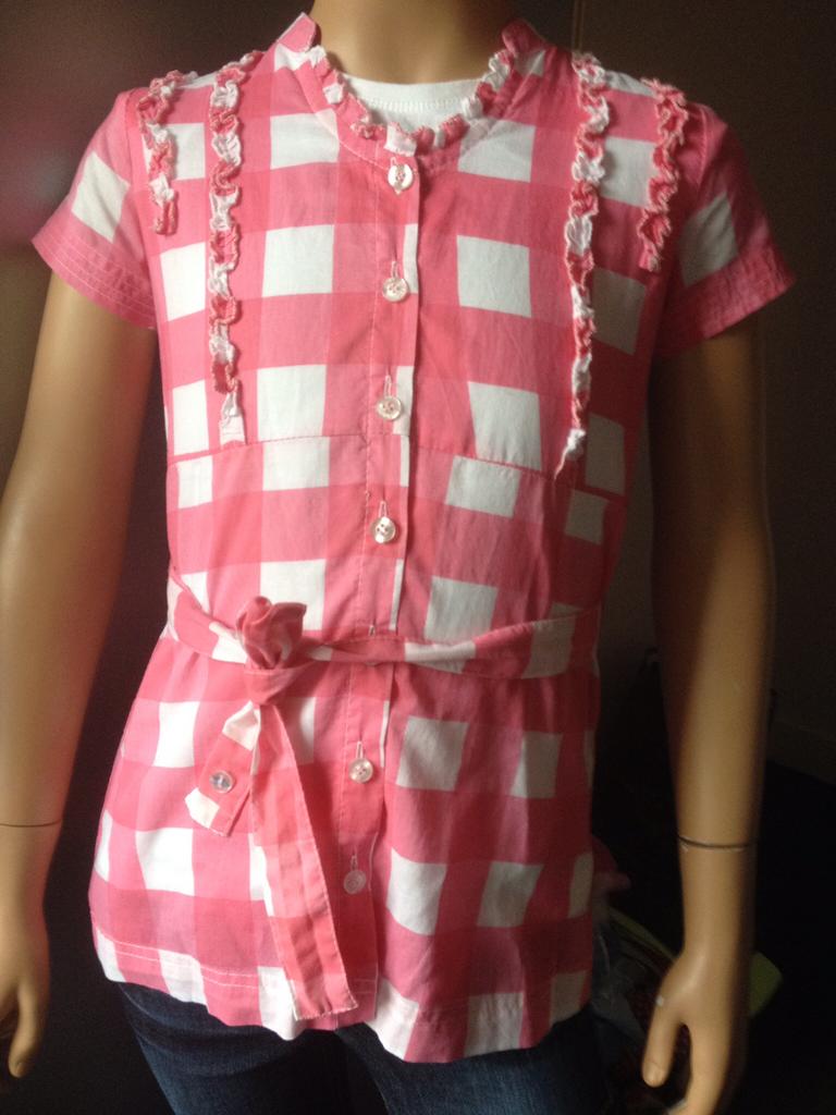 LT01 roze wit geruite blouse met roezeltje maat 128, Meisje, Overhemd of Blouse, Ophalen of Verzenden, Zo goed als nieuw