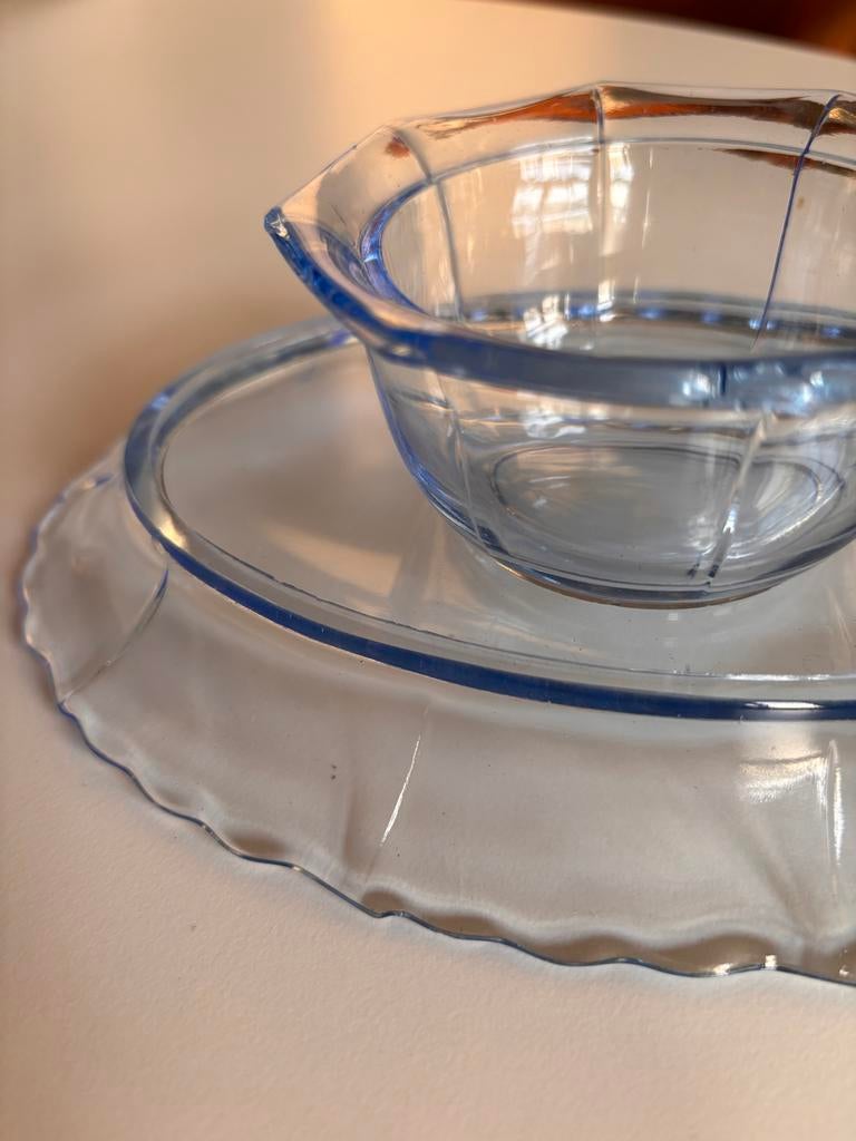Vintage blauwe glazen schaal en schotel set, Antiek en Kunst, Ophalen of Verzenden