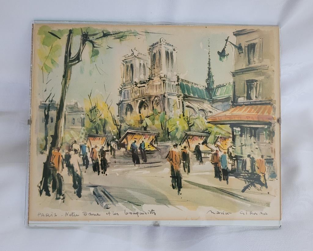 Aquarel/ Litho Parijs Notre Dame - Marius Girard (1927-2014), Ophalen of Verzenden