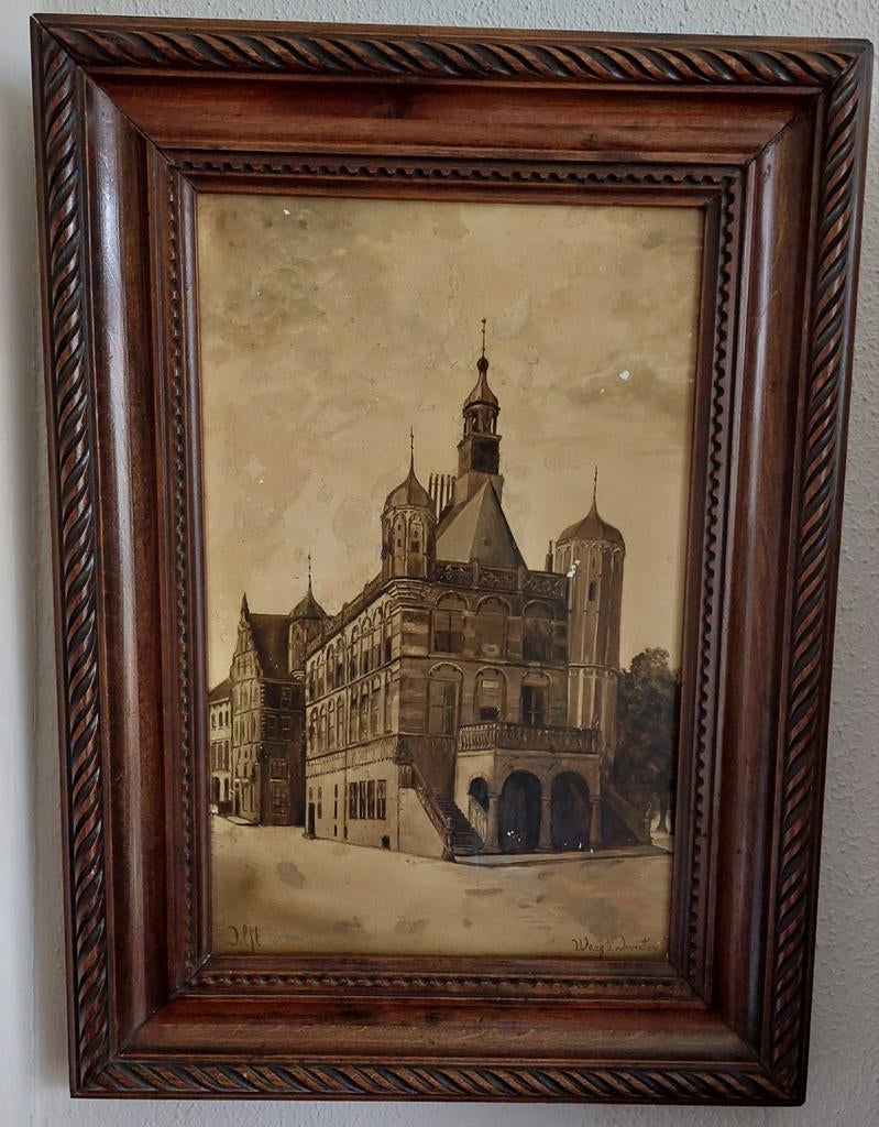 Tegeltableau Deventer De Waag antiek Delft porselein, Antiek en Kunst, Ophalen of Verzenden