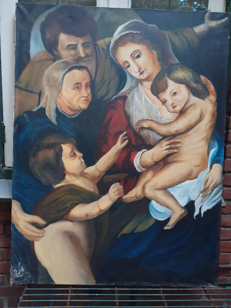 Zeer groot Olieverf/Doek Schilderij "Het Gezin" gesigneerd, Antiek en Kunst, Kunst | Schilderijen | Klassiek, Ophalen of Verzenden