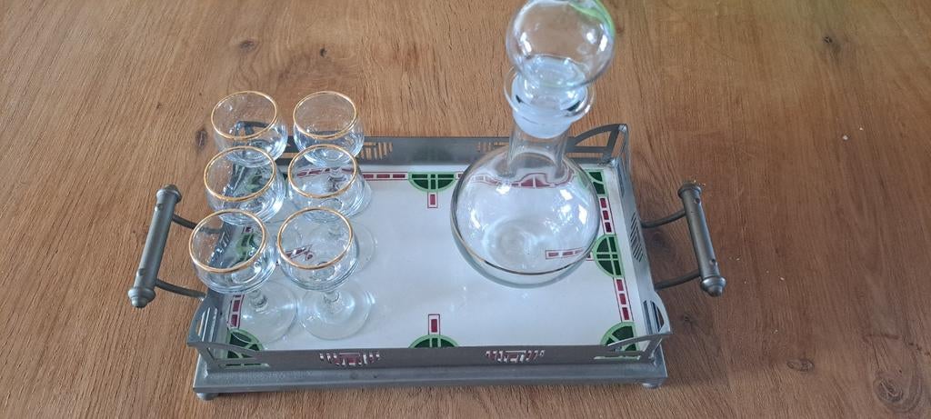 Vintage dienblad met karaf en 6 borrelglaasjes, Antiek en Kunst, Ophalen of Verzenden