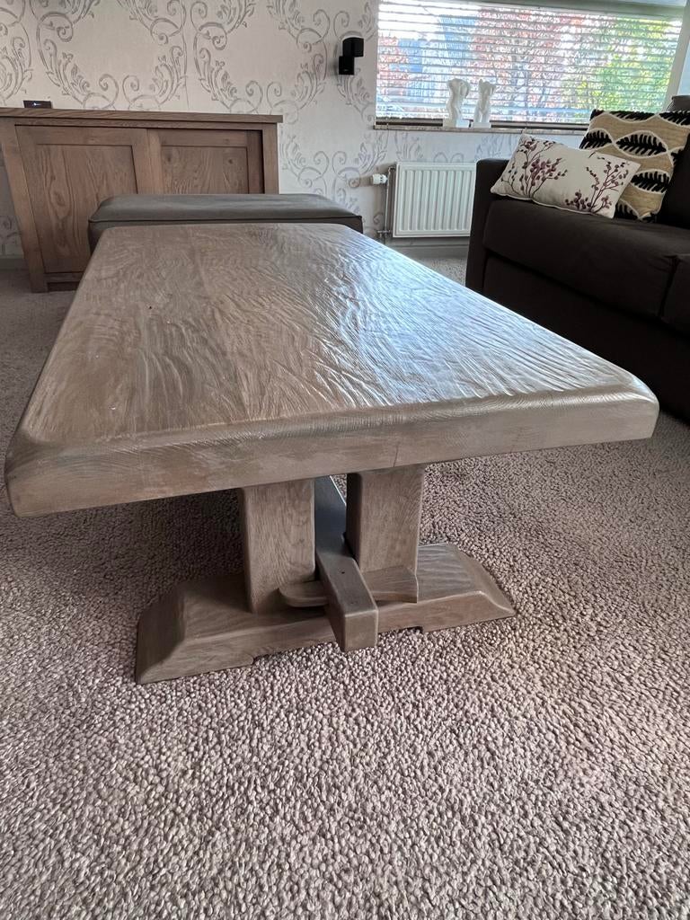 Franse Eiken Salontafel - Robuust en Stijlvol, Huis en Inrichting, Tafels | Salontafels, Ophalen, Gebruikt, 100 tot 150 cm, Eikenhout